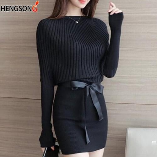 Fashion Elegant Bodycon Knitted Dress Autumn Women Clothing Knitwear High Street Sashes Belt Mini Dress Long Sleeve Knit Dress