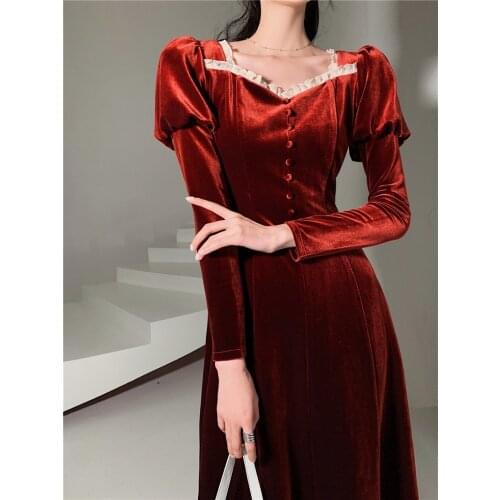 Fashion Runway Womens Luxury Velvet Dress red Office Lady Puff Long Sleeve Annual Meeting Party Dress Spring Autumn