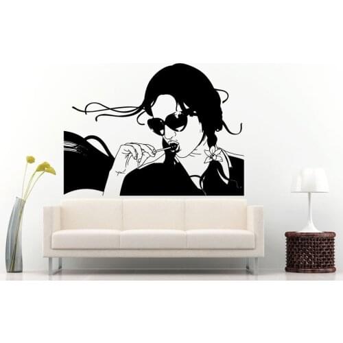 Cool Modern Style Female With Lolly Pop In Her Mouth Wall Mural Vinyl Wallpaper Girl With Sun Glasses Shades Home Decor Q-92