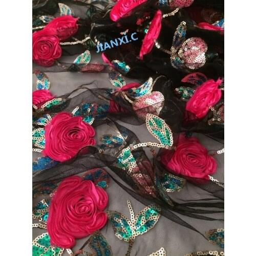 Fashionable David-120829 french net fabric for dress Beautiful pattern 3d flower with sequins lace fabric
