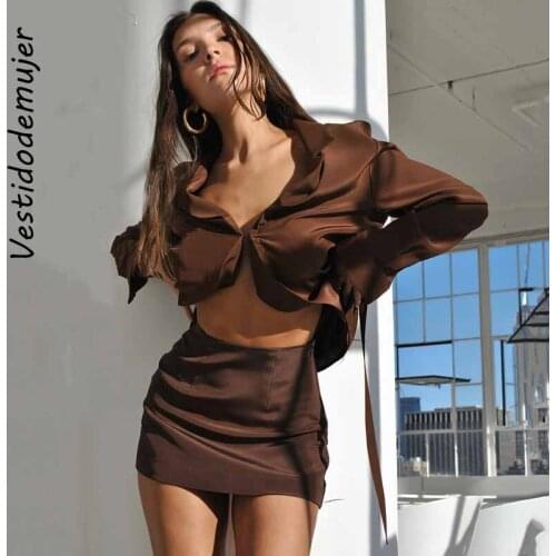 Fashion 2021 Fall 2 Piece Sets Women Sexy Skirt Outfits Ladies Office Long Sleeve Turndown Collar Top and Skirt Matching Set