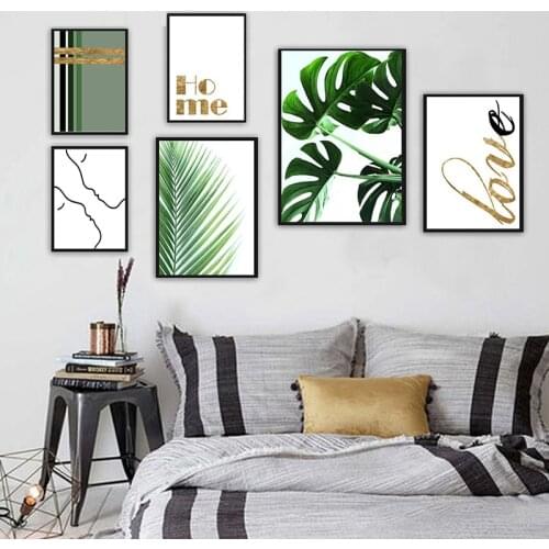 Tropical brown leaf green plant wall art monstera poster print gold quote canvas art painting wall picture home decoration