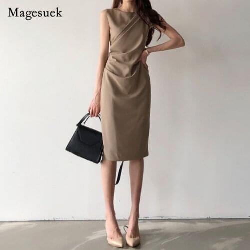 Solid Color Women Summer Dress Cotton O-Neck Slim Sleeveless Dress Temperament Casual Office Lady Buttock Dress Vestidos 13952
