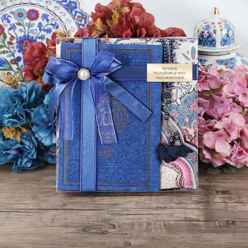 Gift Navy Blue Thermo Leather Yasin, Azra Prayer Rug, Rose Rosary, Gift Set Set FREE SHİPPİNG
