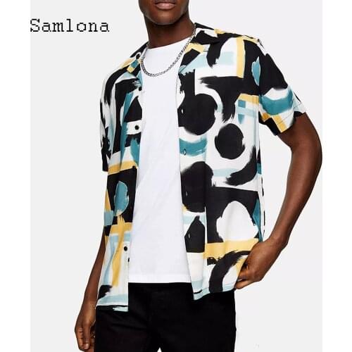Samlona Casual Shirt 2021 Single Breasted Tops Streetwear Summer Fashion Print Mens Blouse Sexy Men clothing Plus size S-3XL