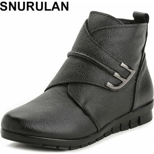 SNURULAN New Plush Women Boots Ankle Snow Boots Woman Keep Warm Winter Mother Shoes Soft Genuine Leather Flats Shoe Cotton Woman