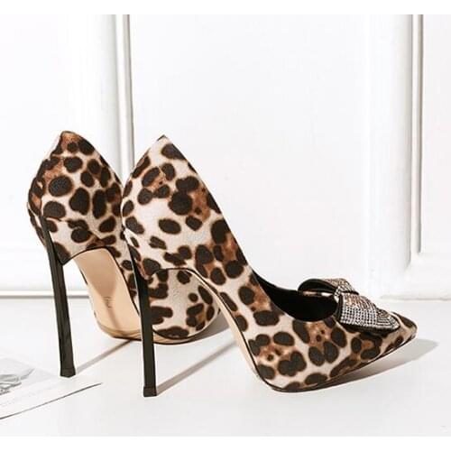 Carpaton Fashion Crystal Bowknot High Heel Shoes Woman Pointed Toe Stileto Heels Sexy Leopard Printed Lady Pumps Dress Shoes