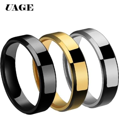 UAGE 2018 6mm Titanium Steel Black Finger Rings For Man Silver Plated Ring For Women Golden-color Jewelry Female Wedding Ring