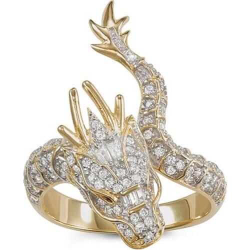 Personality Punk Vintage Crystal Filled Dragon Shaped Rings Chinese Unique Domineering Ring Men/Female Popular Jewelry Rings