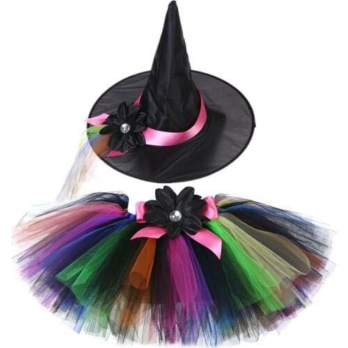 Witch Tutu Skirt with Hat Colorful Tulle Skirt Girls Costumes for Halloween Carnival Party Baby Kids Tutus Girls Skirts Outfits