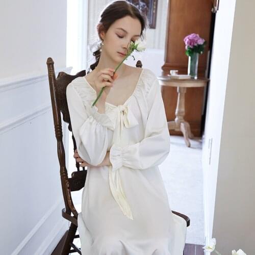 Autumn French Ice Silk Long Nightdress Women Long Sleeve Bow Elegant Loose Slim Home Clothes V-Neck Sexy Nightwear Home Dress