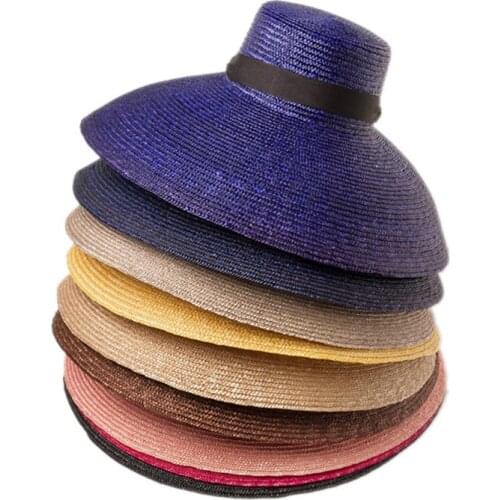 VRIGINER Spring And Summer Retro Custom Flat-top Big Brim Dyeing Natural Straw Hat Female Beach Travel Sun Hat Black Lace-up