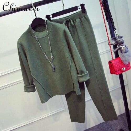 European Style Long-Sleeved Knitwear Harem Pants Korean Fashion Set Womens 2021 Autumn Simple Graceful Casual Two-Piece Suit