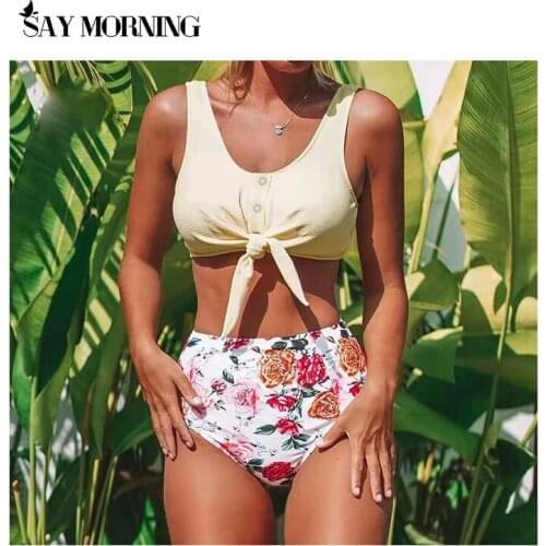 SAY MORNING 2021 Swimwear Solid Tie-Front Tank And Floral High-Waist Bikini Sets Women Boho Button Two Pieces Swimsuits Bathing