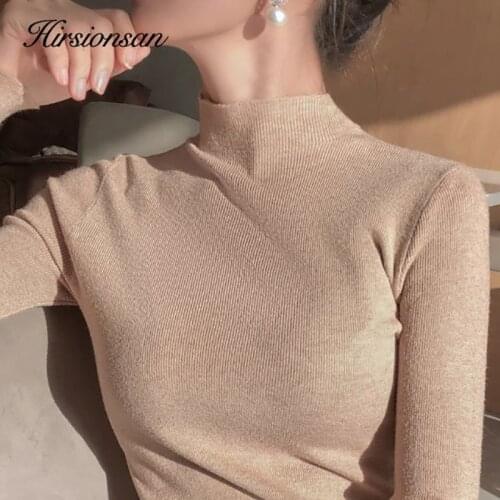 Hirsionsan Half Turtle Neck Skinny Sweater Women Bottoming Slim Fit Knitted Pullovers Women Sexy Solid Knitwear Female Jumper