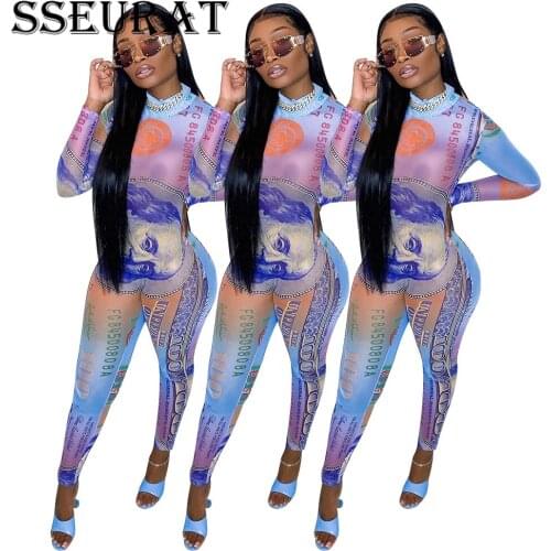 SSEURAT Women Autumn Long Sleeve USD Printed Skinny Jumpsuits Sexy Party Club Overalls