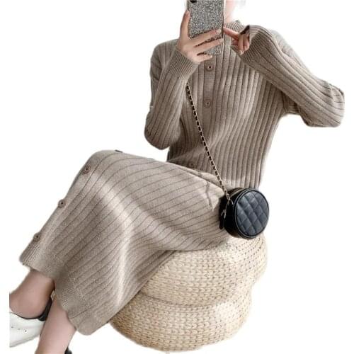 The New Temperament Sweater Woman 2021 Lazy Half High Neck Knitted Dress Korean Fashion Long Inner Base Sweater Dress