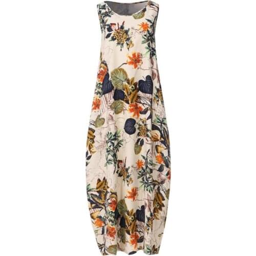 Women Vintage Sleeveless O Neck Leaves Floral Print Cotton Linen Long Baggy Dress Dresses Woman Summer 2021