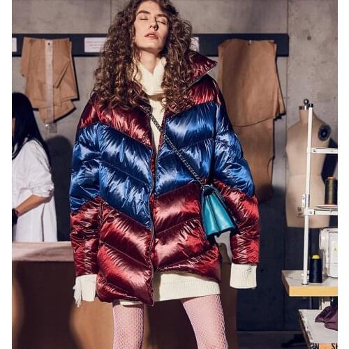 Winter Flash Material Oversized Shiny Goose Down Coats Female Thicker Waterproof Parkas Causal Bright Glossy Down Jacket F191