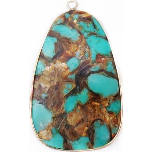 1Pcs 52x30x5mm Wholesale Blue Sea Sediment Jasper & Pyrite Teardrop Metal Package Edge Pendant Bead DIY Jewelry Accessories S839