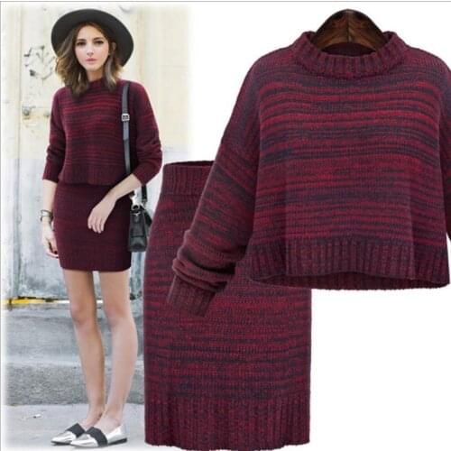 2018 Winter Two Piece Set Women Sweater Skirt Set Long Sleeve Casual Pullover Knitted Package Hip Skirt Set