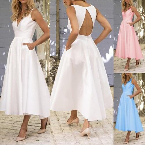 2021 New Backless Ladies Dress Casual Brand V-Neck Sling Halter Pure Color Elegant Party Evening Gown Suitable for Formal Partie