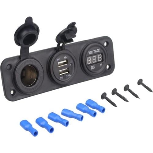 50pcs 12V USB Socket Splitter Motor Car DC Digital Voltmeter 3 Hole Panel Power Dual USB Car Cigarette Lighter