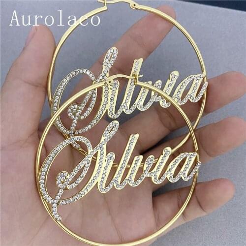 AurolaCo Custom Name Earrings with Diamond Custom Bling Bling Hoop Earring Personality Jewelry for Women Christmas Gifts