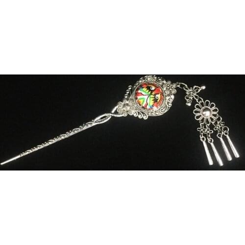 Free shipping Handmade Retro palace zinc folk style embroidery alloy flower luck plate classical Miao silver hairpin