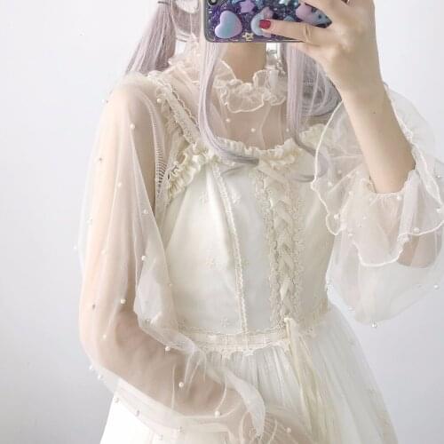 Lolita Blouses Pearl Lace Collar White Black Long Sleeves Undershirts Top Women Girls Shirts