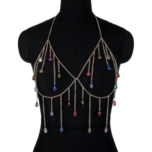 Sexy Multicolor Acrylic Decor Halter Lingerie Chain Women Summer New Fashion Bling Tassel Nightclub Backless Body Chain Jewelry