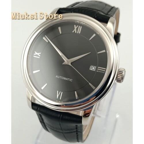 Goutent 40mm fashion simple mens mechanical watch black dial silver case sapphire glass date automatic watches 2834