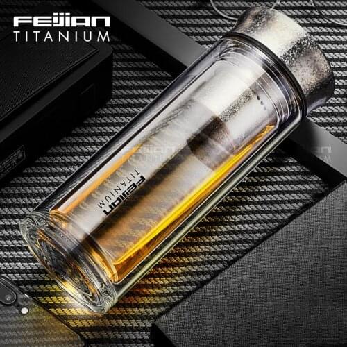 Feijian 330ML Glass&Titanium Bottle Business Type Water Bottle with Tea Infuser Filter Double Wall Glass Water Tumbler