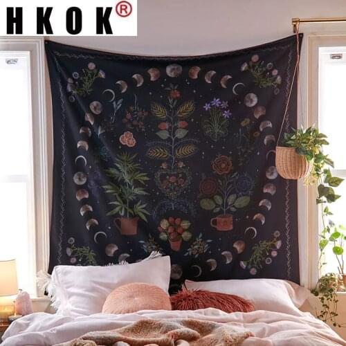 HKOK Moon Phase Floral Mandala Tapestry Wall Hanging Covering Rug Background Cloth Beach Mat Blanket Art Bedroom Dorm Home Decor