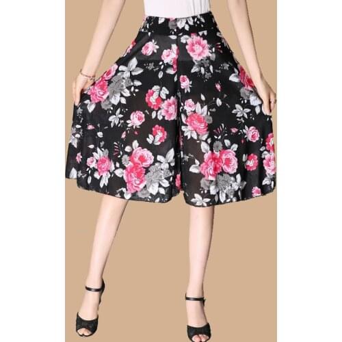 Summer Women Casual Loose Chiffon Elastic Waist Wide Leg Knee Length Skirt Pants Female Lady High Waist Middle Age Mother Pants