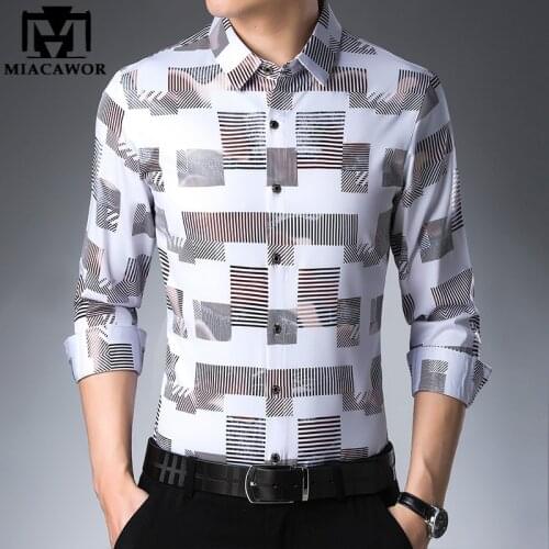 MIACAWOR New Casual Shirts Men Fashion Print Slim Fit Long Sleeve Dress Shirt Camisa Masculina Plus Size Men Clothes 457