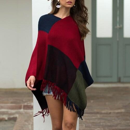 2021 New Plaid Color Block Fringed Cloak Sweater Womens Fashion Bohemian Style Oversized Shawl Cloak Pullover Womens Sweater