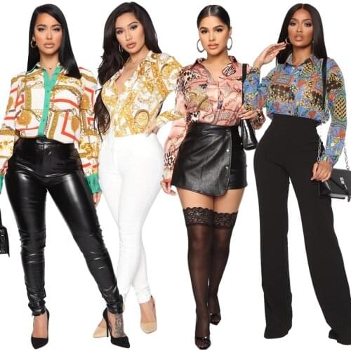 OMILKA Chain Printed Shirt Blouse 2020 Autumn Women Long Sleeve Turn Down Collar Casual Loose Street Club Party Tops Shirts