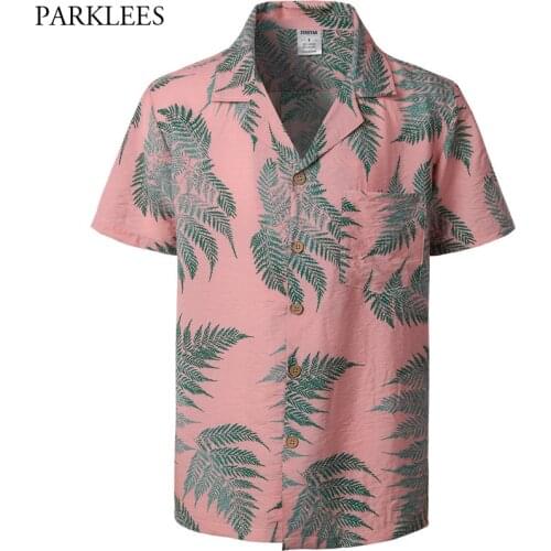 Pink Hawaiian Shirt Men Summer Short Sleeve Mens Button Down Dress Shirts 100% Cotton Shirt Breathable Beach Shirts with Pocket