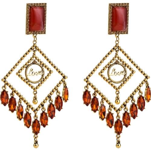 LosoD earrings for women letter crystal tassel golden beads geometric elegant Indian vintage statement earrings fashion jewelry