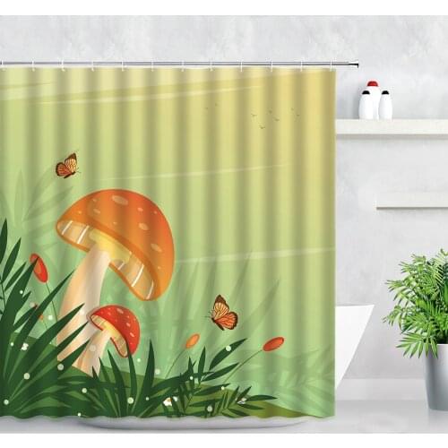 Cartoon Shower Curtains Butterfly Mushroom Green Leaf Print Modern Child Bathroom Decor Waterproof Polyester Fabric Bath Curtain