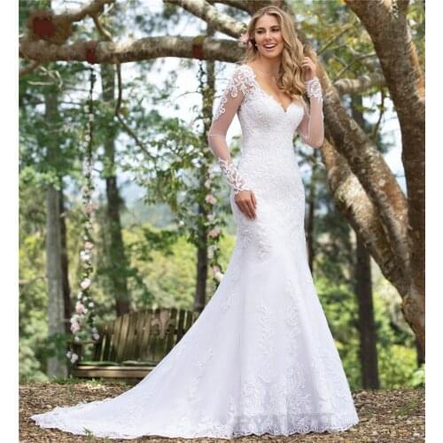 Wedding Dress V Neck Lace Chiffon A Line Seaside 2021 New Long Sleeve Bridal Gown