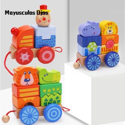 Three-section Building Block Small Train Dragging Early Childhood Education Bear Wooden Combination Educational Toys