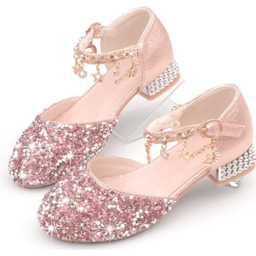 Girls Princess Shoes 2021 New Childrens Fashion High Heels Performance Flash Diamond Crystal Charm Sweet for Party Wedding Chic