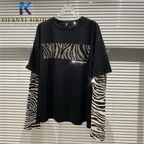 2020 Autumn Women Cotton Tshirt Diamonds Leopard Print Spliced Long Sleeve T-shirt Female Fashion O-Neck Loose T shirt Tops