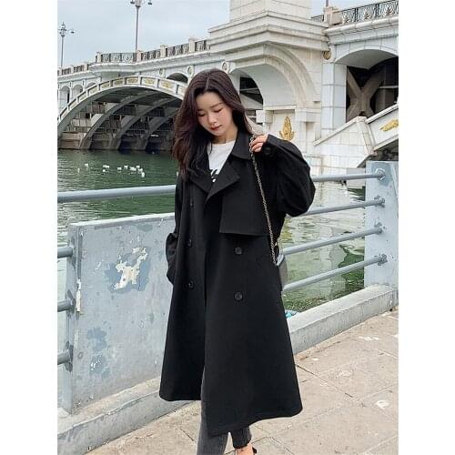 Womens Windbreaker Spring Autumn New Style Korean Fashion Loose Solid Color Wild Double-breasted Long-sleeved Jacket Coat 068