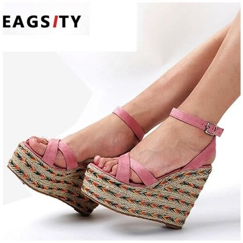 EAGSITY pink Women Wedges Sandals Platform Ankle Strap Open Toe Espadrilles shoes Casual Ladies high heel Sandals
