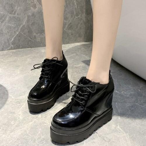 2021 High Platform Patent Leather Casual Shoes Women Spring/autumn Wedge Ankle Boots For Women 12 CM Height Increasing Sneakers