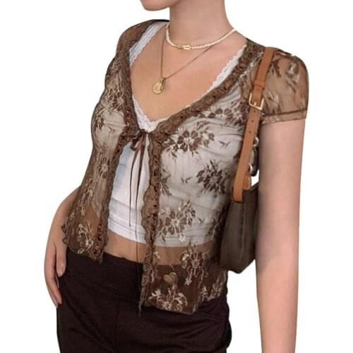Women Casual Lace See-through Tops, Short Sleeve Tie Up Floral Pattern Cardigan Summer 2021