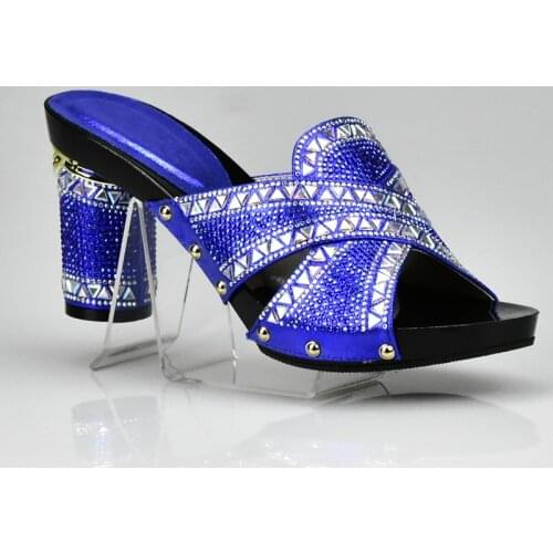 New Blue Color Shoes African Wedding Shoes High Quality Elegant Italian Women Lady Shoes with Stone Low Heels Summer Women Pumps